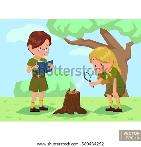 Children scouts in forest. Girlscout Boyscout Vector flat cartoon illustration eps10