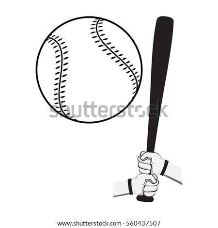Hands holding baseball bat and big ball. Isolated on white background