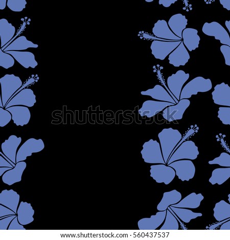 Pattern on a black background in blue colors and copy space (place for your text). Vertical vector vintage seamless tropical hibiscus flowers.