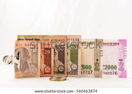 Indian currencies of Two Thousand, Five Hundred, Hundred, Fifty, Twenty and Ten rupees