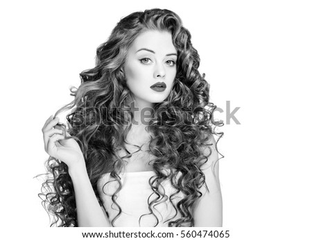 Beautiful people Woman. Curly Hair. Fashion Girl With Healthy Long Wavy Hair. Beauty Brunette Woman Portrait.Hair Extension, Permed Hair Black and White