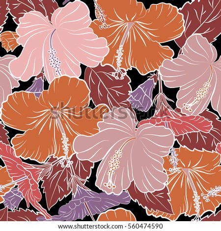 Hibiscus flowers on black background in pink, red and purple colors.