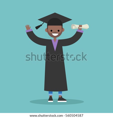 Graduated black student wearing cap and gown / flat editable vector illustration, clip art