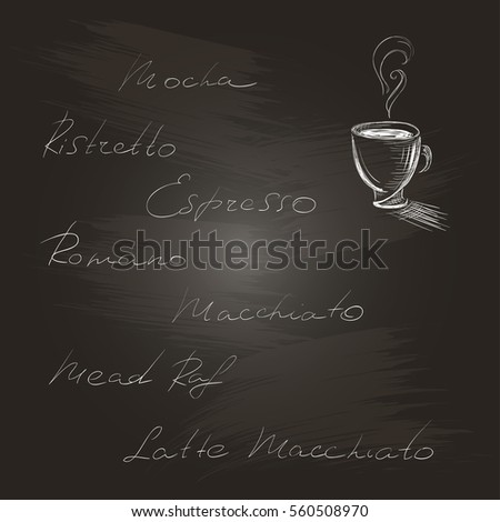 Hand-written names of coffee on a chalkboard. Isolated 