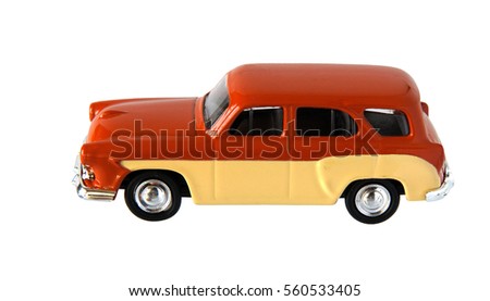 Small brown toy car isolated on white background