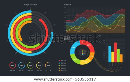 Minimalistic infographic template with flat design daily statistics graphs, dashboard, pie charts, multiple circle template with options for diagram, workflow, web design, UI elements. Vector EPS 10 Royalty-Free Stock Photo #560535319