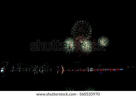 Beautiful fireworks on the water in the night sky
