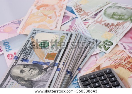Calculator, American dollar banknotes and Turksh Lira banknotes side by side on white background