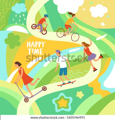 Summer activities cartoon illustration with cheerful kids riding and playing outdoor. Happy time title on decorative colorful background.