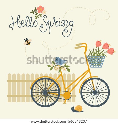 Spring card with bicycle, flowers, bird, snail and fence. Text "Hello Spring"