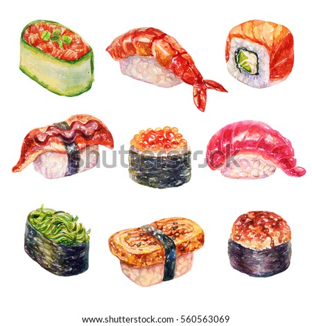 Watercolor sushi set of beautiful tasty japanese sushi illustration. Hand drawn objects isolated on white background.