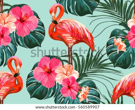 Beautiful seamless vector floral summer pattern background with tropical palm leaves, flamingo, hibiscus. Perfect for wallpapers, web page backgrounds, surface textures, textile. Royalty-Free Stock Photo #560589907