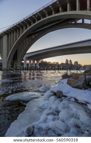 Ice Formations Along the Mississippi River in Minneapolis at Sunset