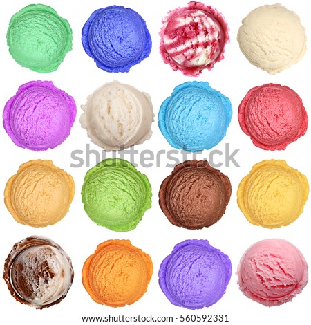 Strawberry, vanilla, blueberry, chocolate, mint, colorful Ice cream scoops collection from top view or from above isolated on white background
