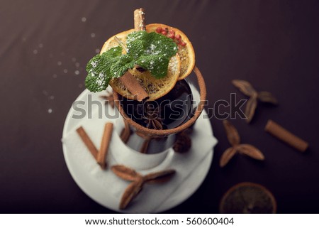 Stock photo christmas mulled wine or gluhwein with spices and orange slices  