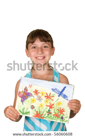 A smiling girl holding a picture which depicts butterflies, insects, flowers on a white background