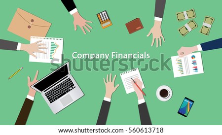 company financials illustration vector with notebook, paperworks and money on top of table