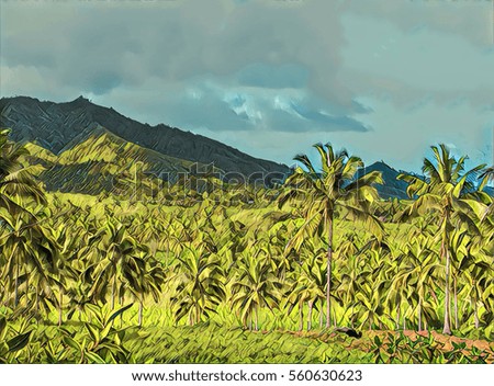 Digital illustration - Tropical landscape with palm tree and mountain. Coco palms and beautiful hills. Tropical view on vibrant banner.  Palm tree and sky image. Tropical paradise idyllic background