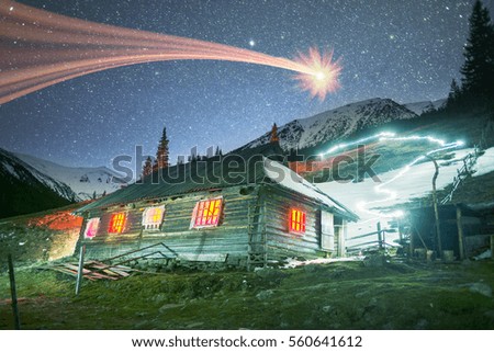 Original photo House shepherds in the tourism campaign with the help of bright colored lights  lamps LED on the background of wild  mountain scenery Carpathian shepherd in Ukraine