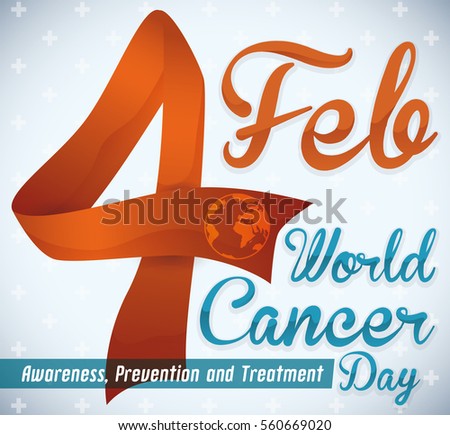 Poster with a ribbon like number four commemorating the date for World Cancer Day in February.
