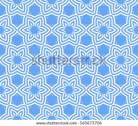 Seamless geometric pattern on blue background silver floral ornament. raster copy illustration.
