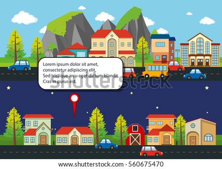 City scenes with houses and cars on the road illustration