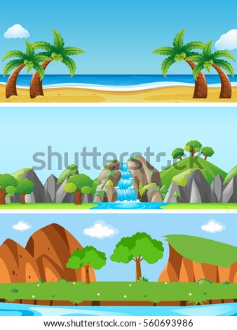 Three nature scenes with different landforms illustration