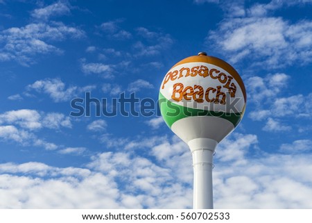Pensacola Beach Florida Iconic Beach Ball Water Tower with Blue Skies