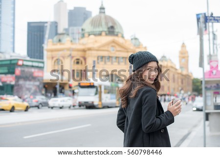 Portrait of Asian woman travel in Melbourne the most liveable city in the world of Victoria state of Australia. Melbourne is the capital and most populous city of the Australian state of Victoria. Royalty-Free Stock Photo #560798446
