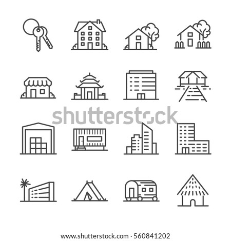 Property and accommodation icon set. Included the icons as home, house, palace, resort, apartment, tower and more. Royalty-Free Stock Photo #560841202