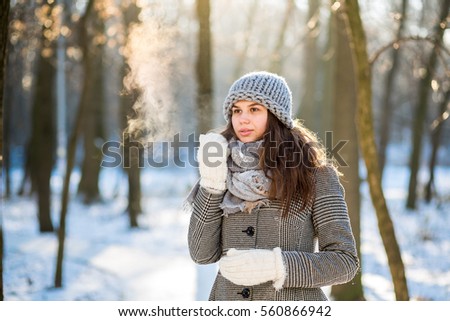 Joyful beauty girl in gray hat in frosty winter park. Sunny day.