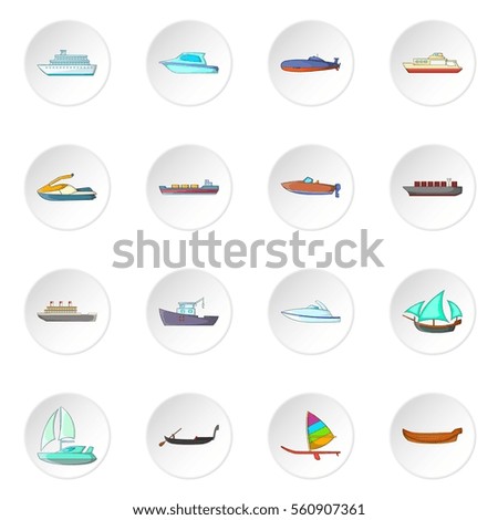 Ship and boat icons set in white circle isolated on white background. Cartoon vector illustration