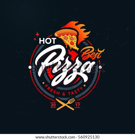 Hot pizza vector logo, lettering. Retro pizza emblem. Vector art.