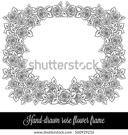 beautiful black and white frame made of roses with outlines. Hand-drawn contour lines and strokes. Sketch engraving style monochrome flowers and leaves. Intricate romantic background, decoration