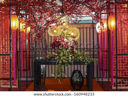 Promoting and ushering the auspicious festive season / Festive display background / Shops are competing among themselves in decorating their fronts to attract for business and customers