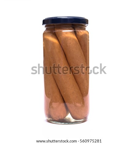 Sausages in glass with screw cap white siolated