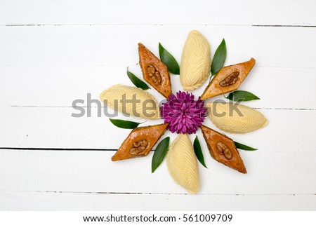 Flower made from national Azerbaijani Nowruz (Novruz) sweets pakhlava and shekerbura 