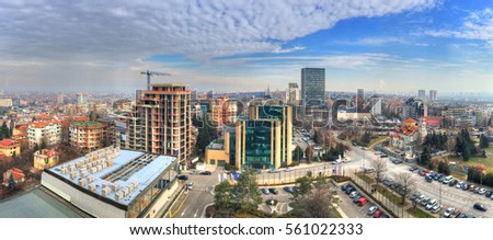 Aerial view over urban skyline and  industrial sites under construction in Sofia, capital of Bulgaria