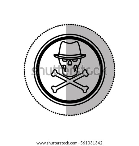 monochrome middle shadow sticker of skull and bones with hat in circle