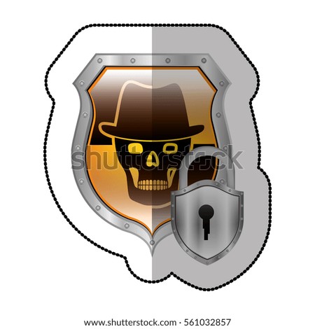 middle shadow sticker of skull with hat and padlock in yellow shield
