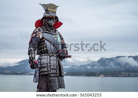 Japanese Samurai at  Itsukushima Shrine , Icon of Japan Royalty-Free Stock Photo #561043255