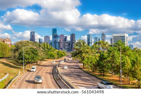 Downtown Houston skyline in Texas USA with bluesky