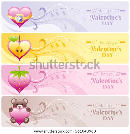 Happy Valentines day hearts banner set, Apple fruit, golden ring, strawberry, toy bear. Romance, love text lettering design. Cute romantic Valentine border vector illustration. Flat cartoon sign