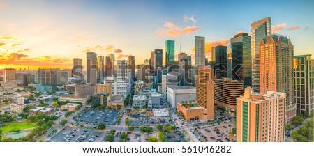 Downtown Houston skyline in Texas USA at twilight Royalty-Free Stock Photo #561046282