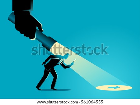 Business concept illustration of a businessman being guided by a hand holding a flashlight uncovering arrow sign. Royalty-Free Stock Photo #561064555