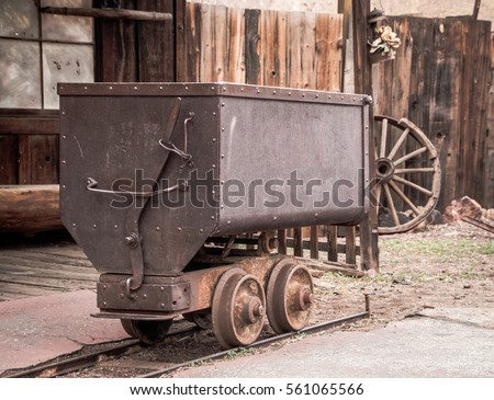 Metal mining cart for silver transportation in Calico, ghost town, in USA Royalty-Free Stock Photo #561065566