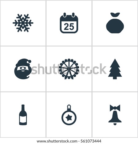 Set Of 9 Simple Christmas Icons. Can Be Found Such Elements As Forest, Bag, Christmas Character And Other.