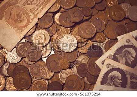 old money of soviet union for for illustrations and backgrounds. vintage coins and banknotes