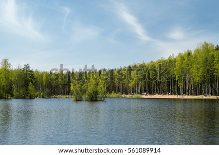 Landscape with a view of the lake, the forest, beach and blue sky.