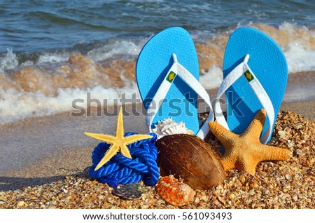 Colorful flip flops, starfish, coconut and rope on the beach.
